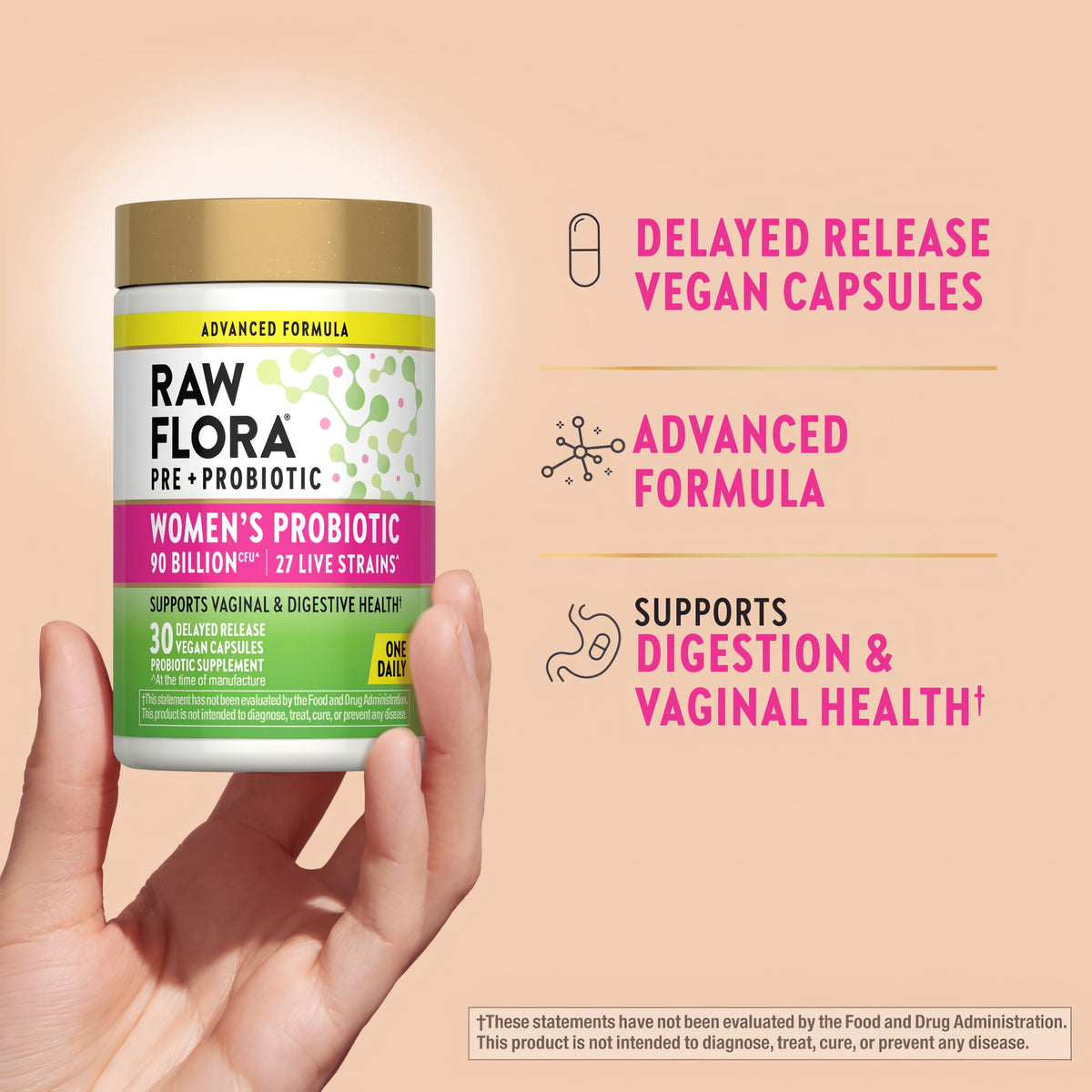 Product highlights graphic stating Delayed Release Vegan Capsules, an Advanced Formula that Supports Digestion and Vaginal Health.