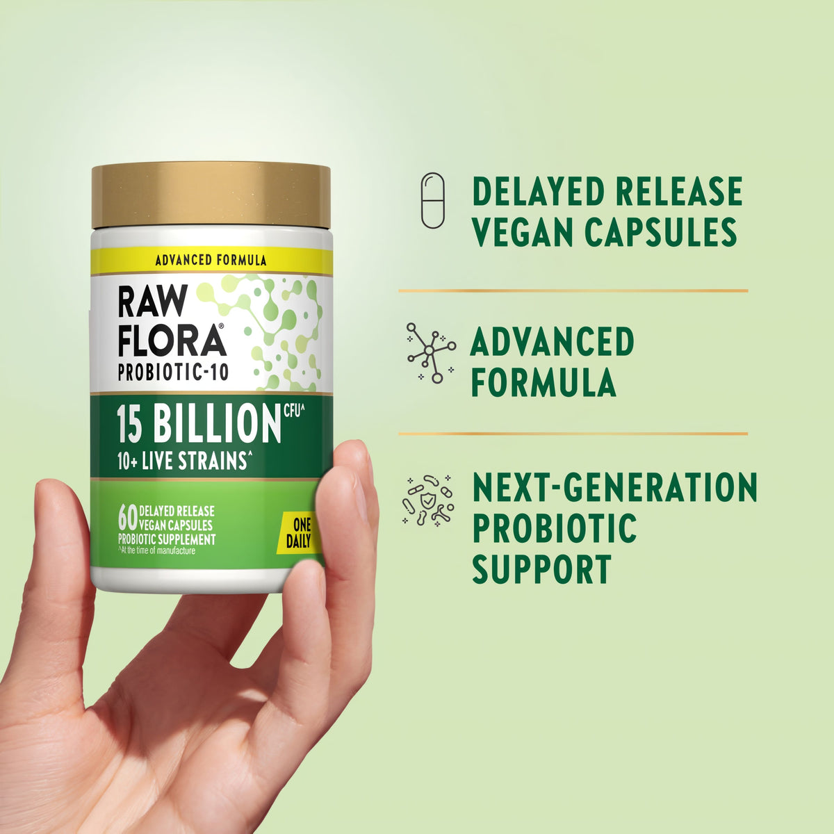 Product highlights graphic stating DELAYED RELEASE VEGAN CAPSULES, ADVANCED FORMULA, NEXT-GENERATION PROBIOTIC SUPPORT.