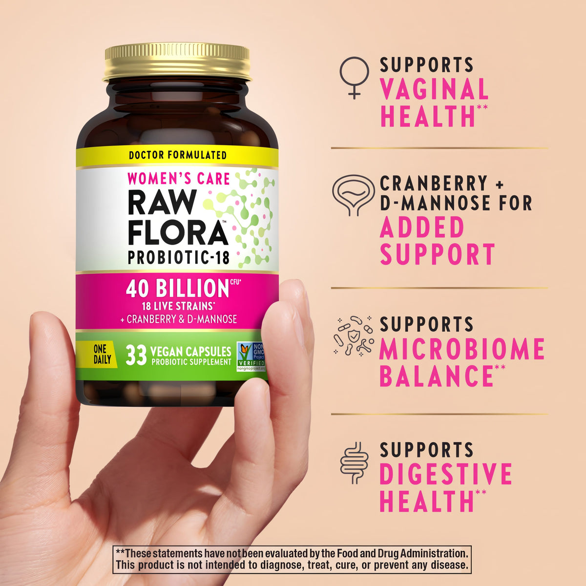 Product highlights graphic stating SUPPORTS VAGINAL HEALTH, CRANBERRY + D-MANNOSE SUPPORT, SUPPORTS MICROBIOME BALANCE, SUPPORTS DIGESTIVE HEALTH