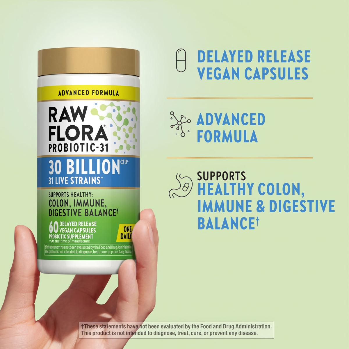 Product highlights graphic stating Delayed Release Vegan Capsules, Advanced Formula, Supports Healthy Colon, Immune & Digestive Balance.