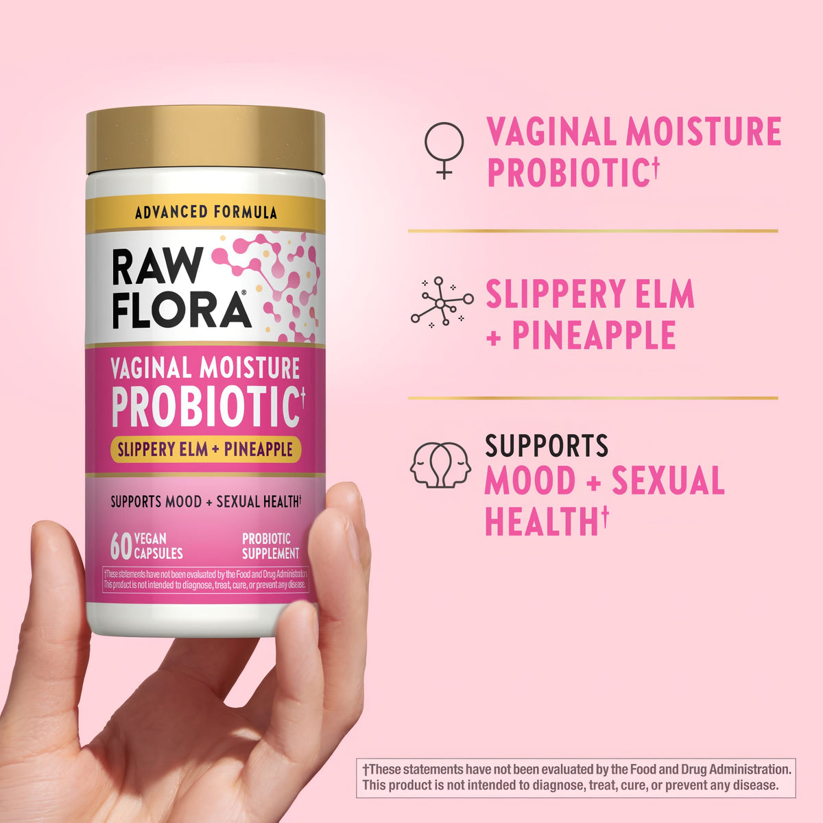 Raw Flora Vaginal Moisture Probiotics for Women | 60 Capsules | with Slippery Elm and Pineapple | Vegan & Gluten Free Supplement