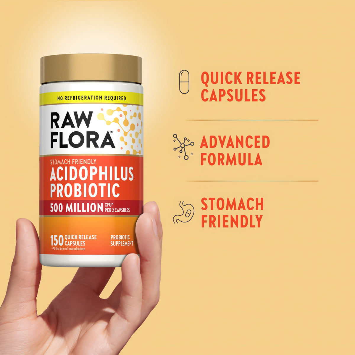 Raw Flora Acidophilus Probiotic, 150 capsules, 500 Million CFU, stomach friendly, no refrigeration needed.
