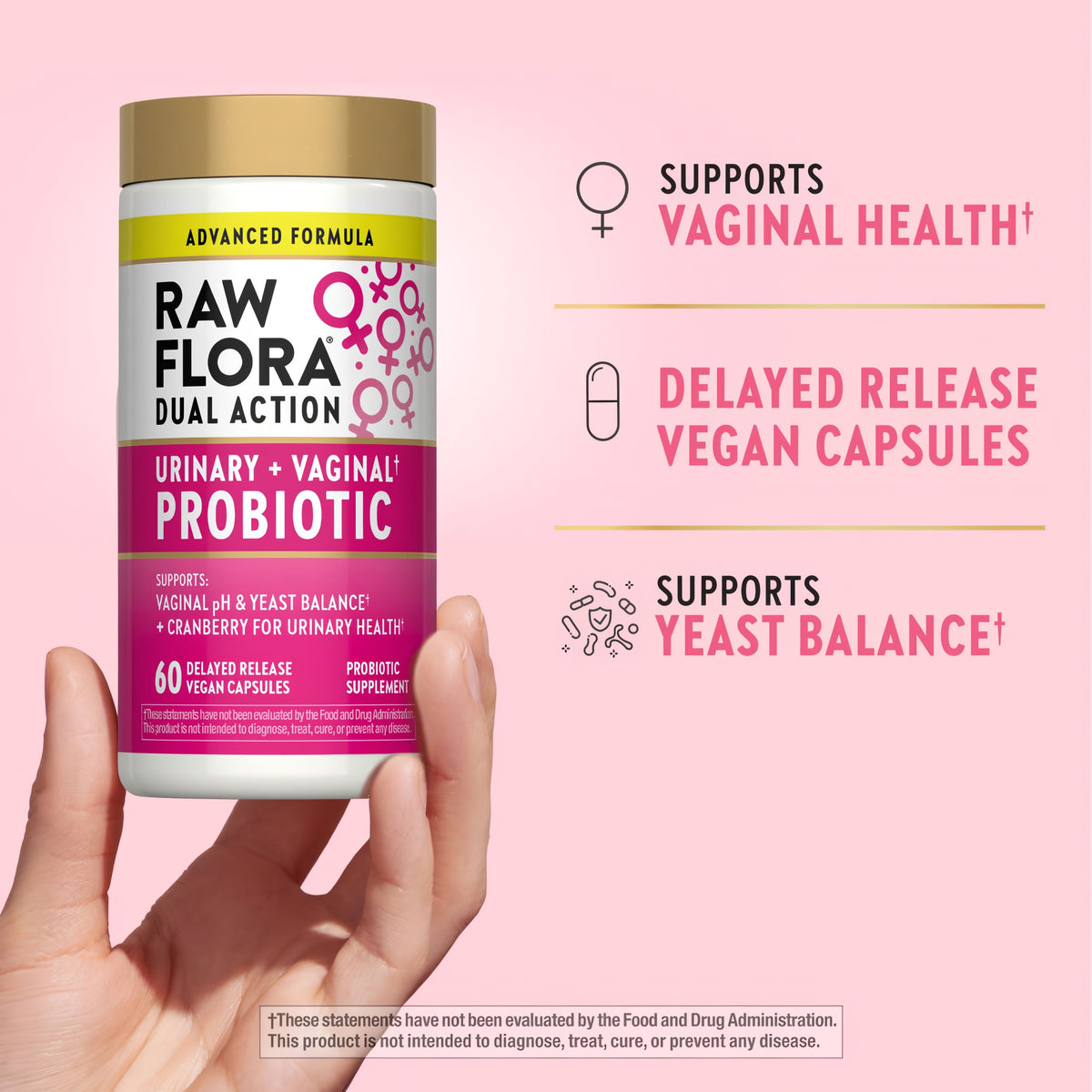 Product highlights graphic stating SUPPORTS VAGINAL HEALTH†, DELAYED RELEASE VEGAN CAPSULES, SUPPORTS YEAST BALANCE†, CRANBERRY FOR URINARY HEALTH†