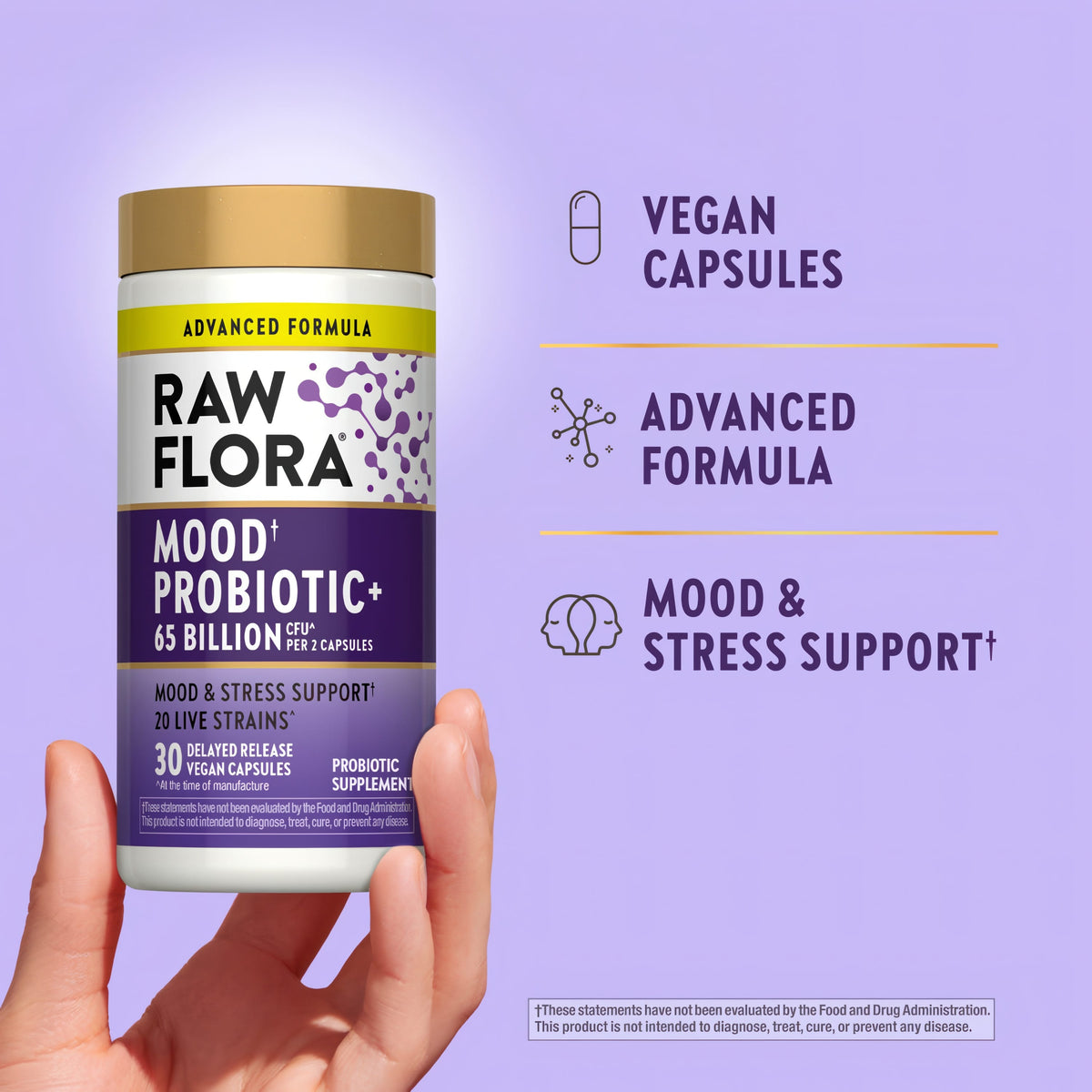 Raw Flora Mood Probiotic | 65 Billion CFU | 30 Capsules | with Ashwagandha | Vegan & Gluten Free Supplement