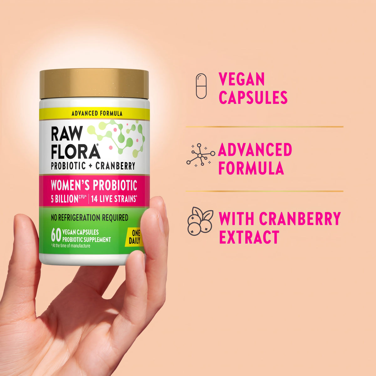 Raw Flora Probiotics for Women | with Cranberry | 5 Billion CFU | 60 Capsules | Vegan & Gluten Free Supplement