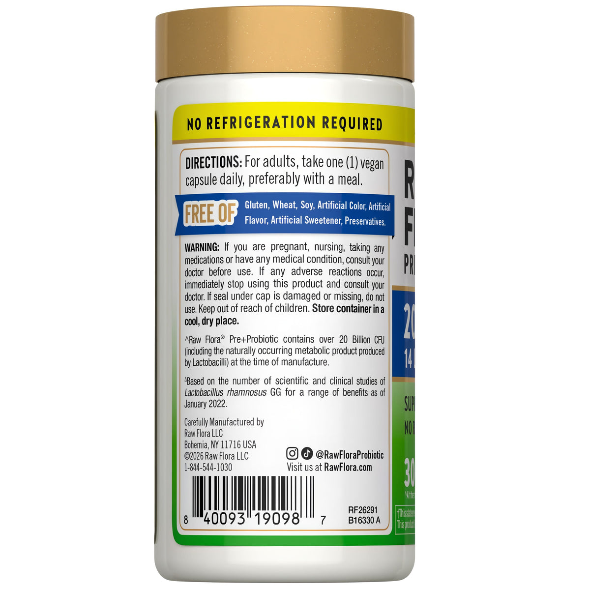 Raw Flora Probiotics for Women and Men | with Prebiotic | 30 Capsules | 20 Billion CFU | Supports Digestive Health | Vegan & Gluten Free Supplement