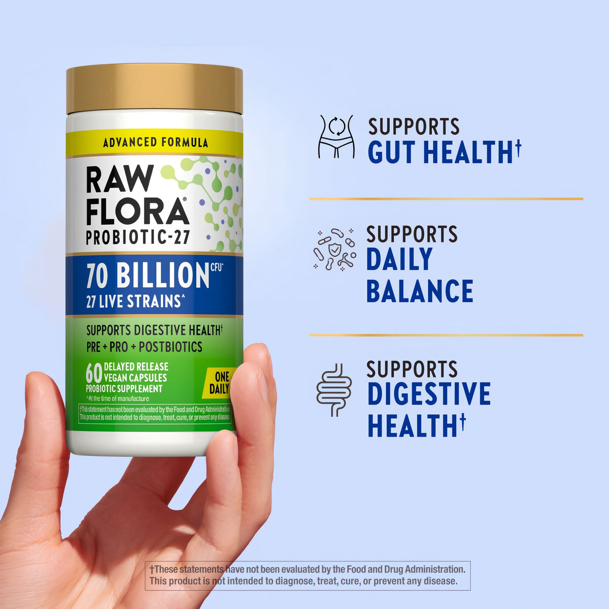 Raw Flora Probiotics for Women and Men | with Prebiotic | 60 Capsules | Supports Digestive Health | 70 Billion CFU | Vegan & Gluten Free Supplement