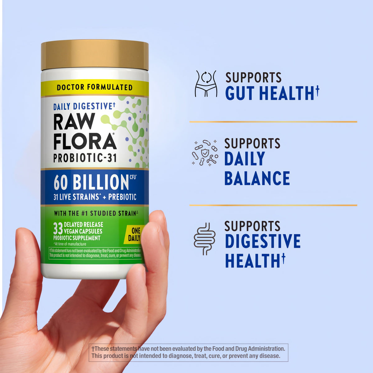 Product highlights graphic stating SUPPORTS GUT HEALTH†, SUPPORTS DAILY BALANCE, and SUPPORTS DIGESTIVE HEALTH†.