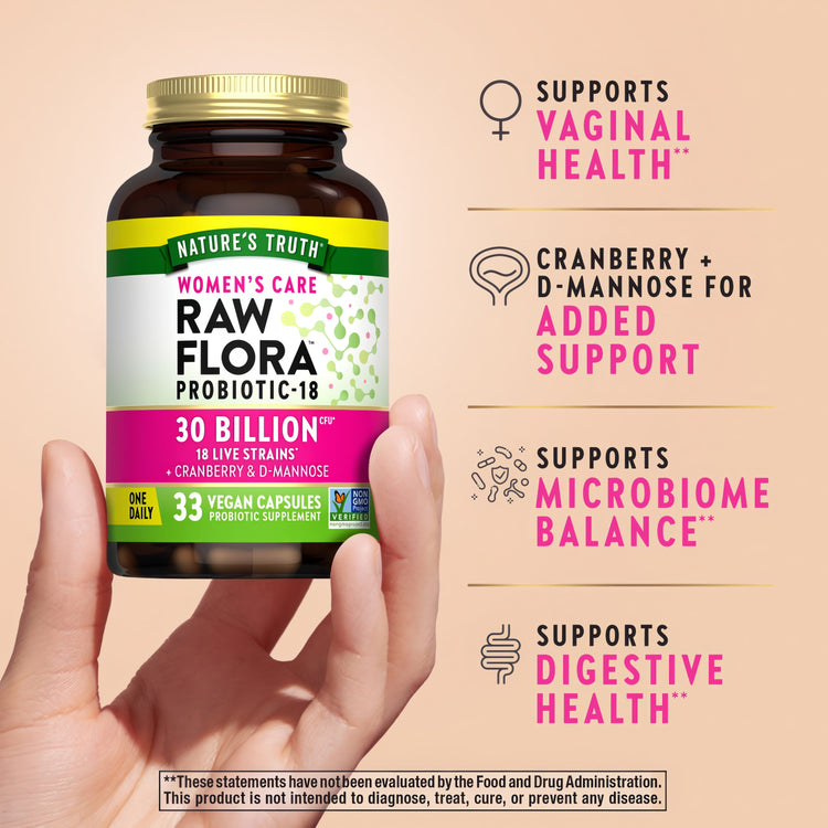 Raw Flora Probiotics for Women | 30 Billion CFU | 33 Capsules | with Cranberry and D-Mannose | Vegan, Non-GMO & Gluten Free Supplement