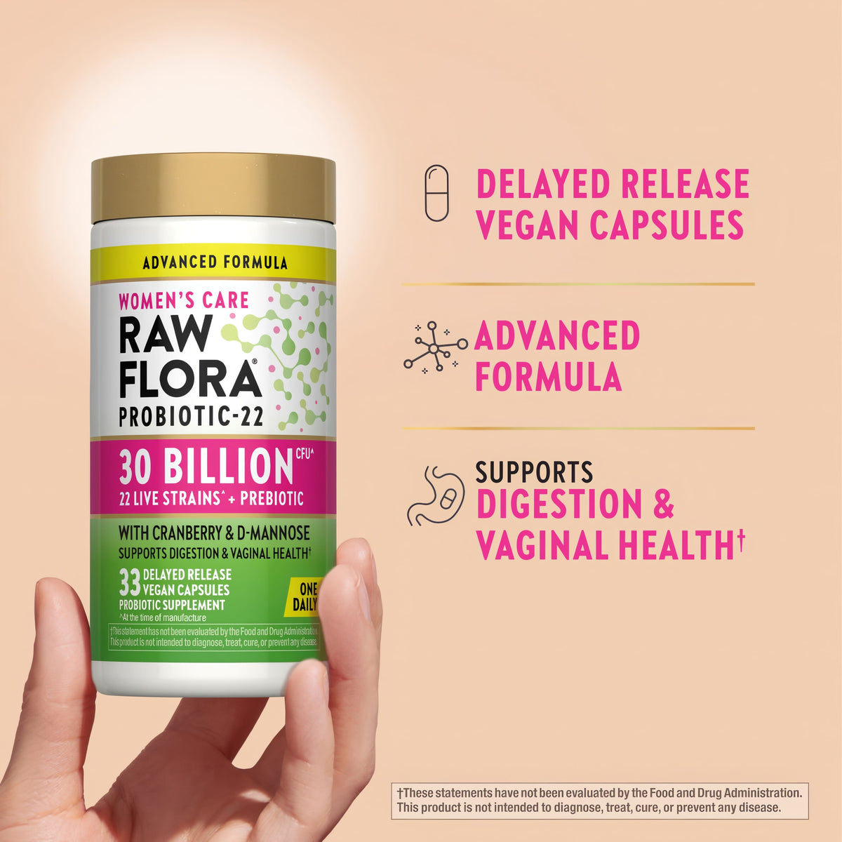 Raw Flora Probiotics for Women | 30 Billion CFU | 33 Capsules | with Cranberry and D-Mannose | Vegan, Non-GMO & Gluten Free Supplement
