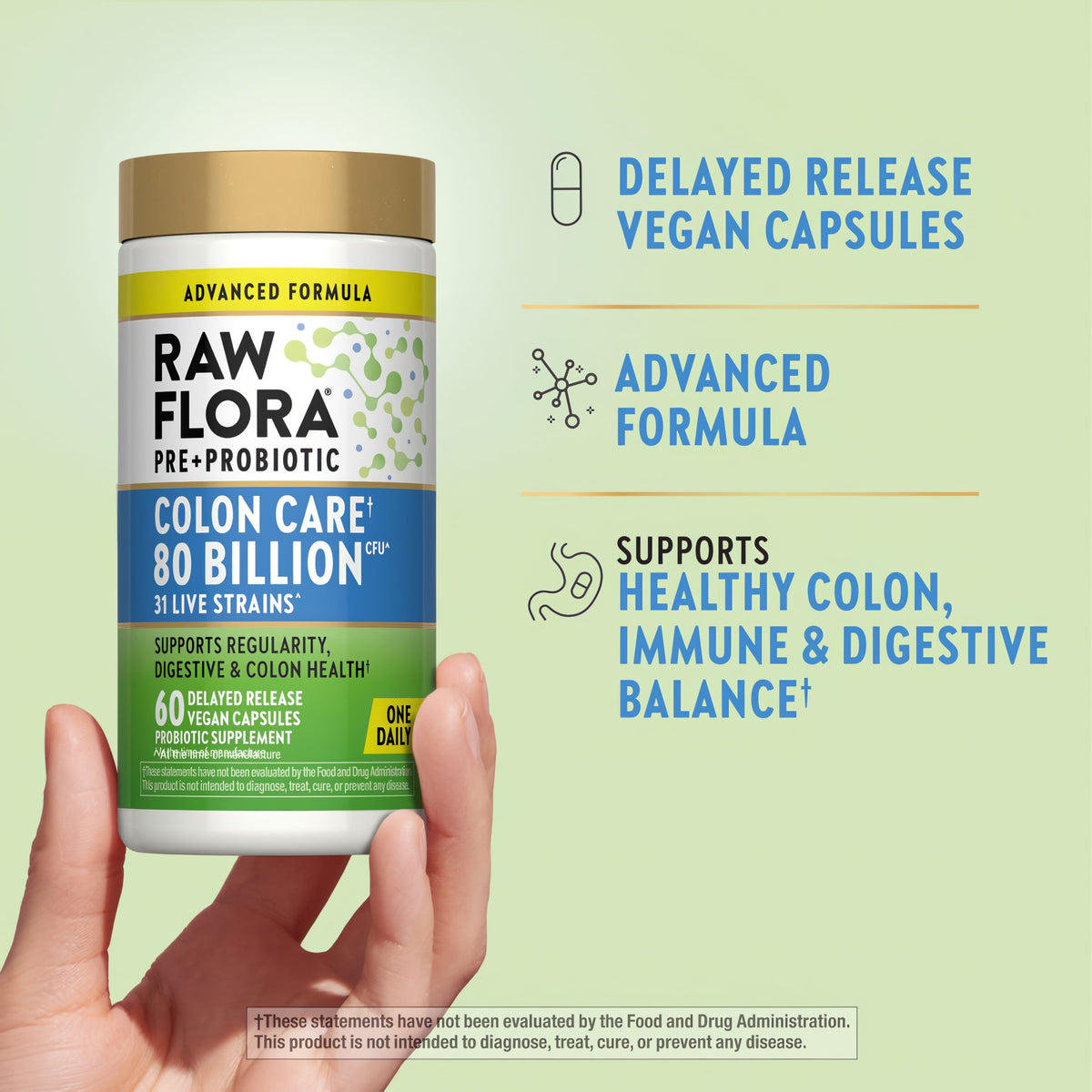 Product highlights graphic stating DELAYED RELEASE VEGAN CAPSULES, ADVANCED FORMULA, SUPPORTS HEALTHY COLON, IMMUNE & DIGESTIVE BALANCE.