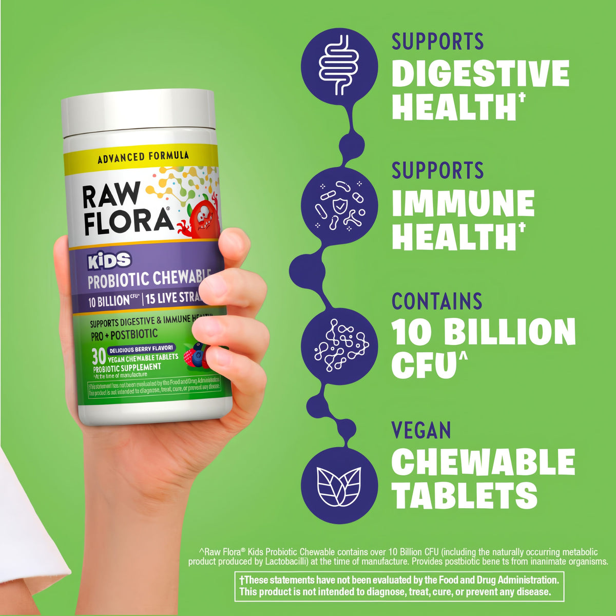 Product highlights graphic stating supports digestive and immune health, contains 10 billion CFU, vegan chewable tablets.