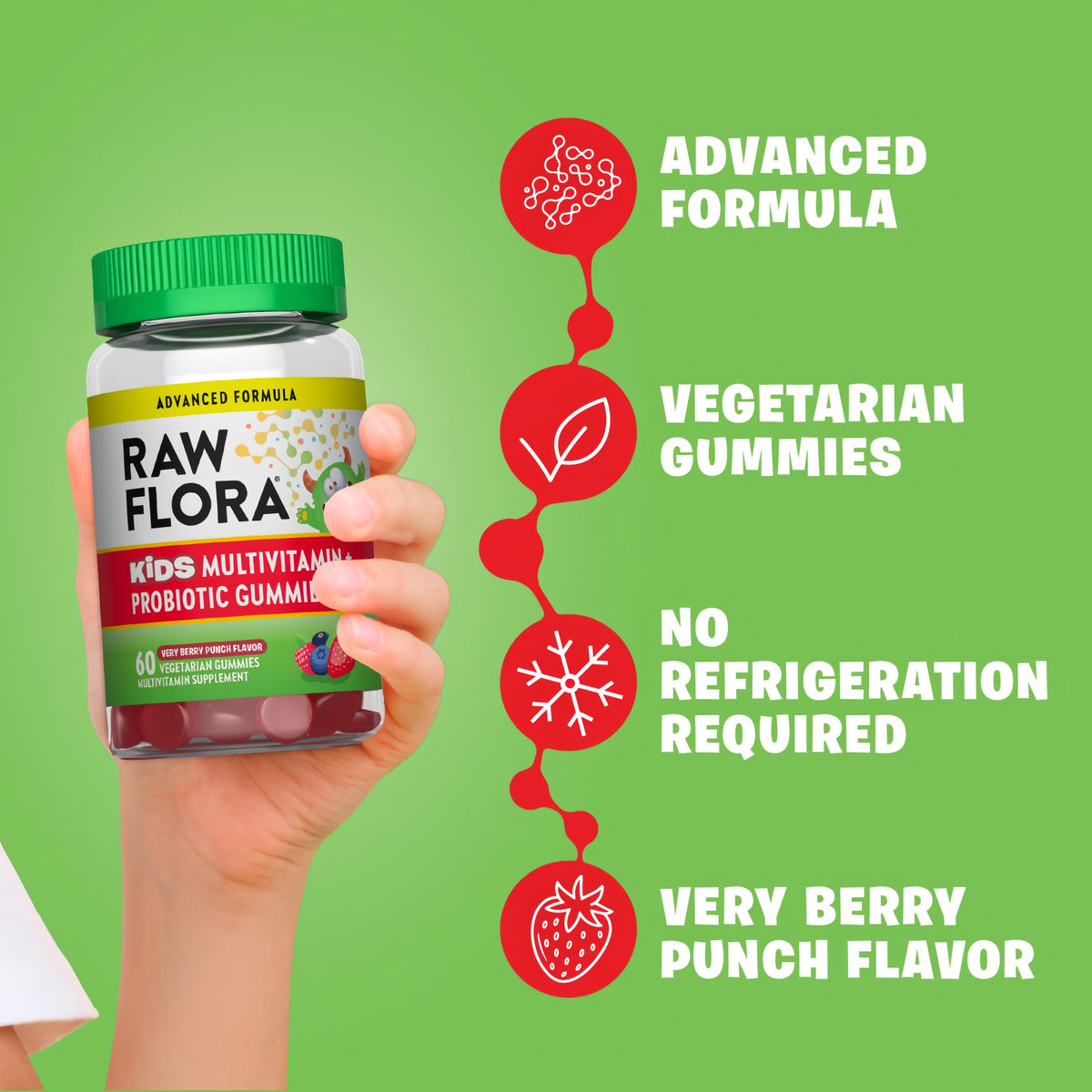 Product highlights graphic stating ADVANCED FORMULA, VEGETARIAN GUMMIES, NO REFRIGERATION REQUIRED, VERY BERRY PUNCH FLAVOR.