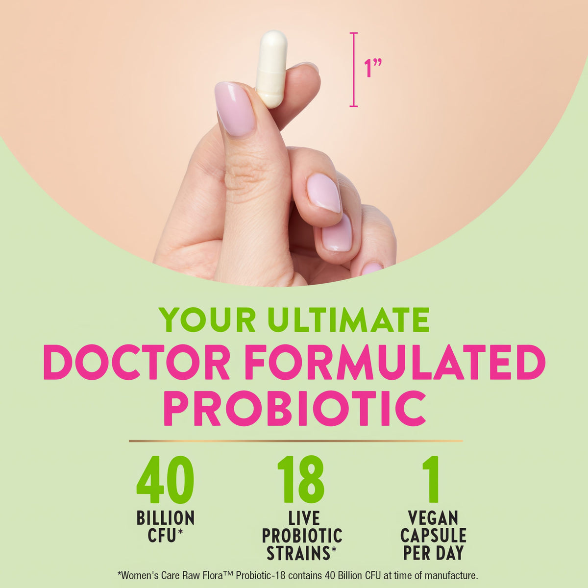 A hand holds a white capsule, approximately 1 inch in length, showing its size and emphasizing its easy-to-swallow design.