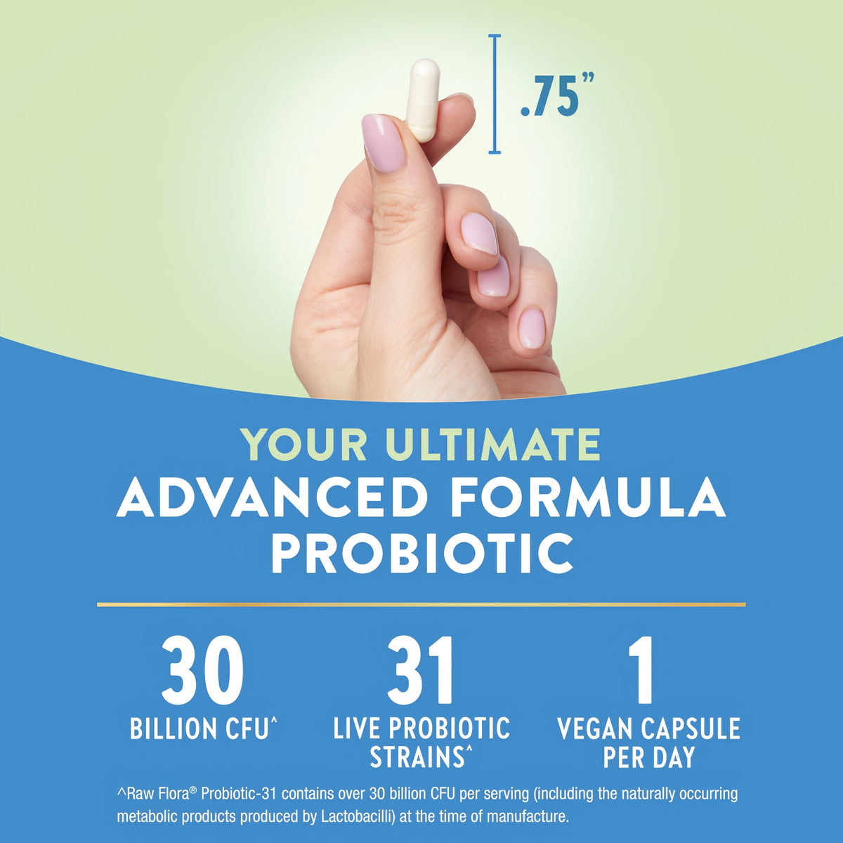 A white capsule measuring 0.75 inches is shown on a hand scale, demonstrating size and weight for measurement accuracy.