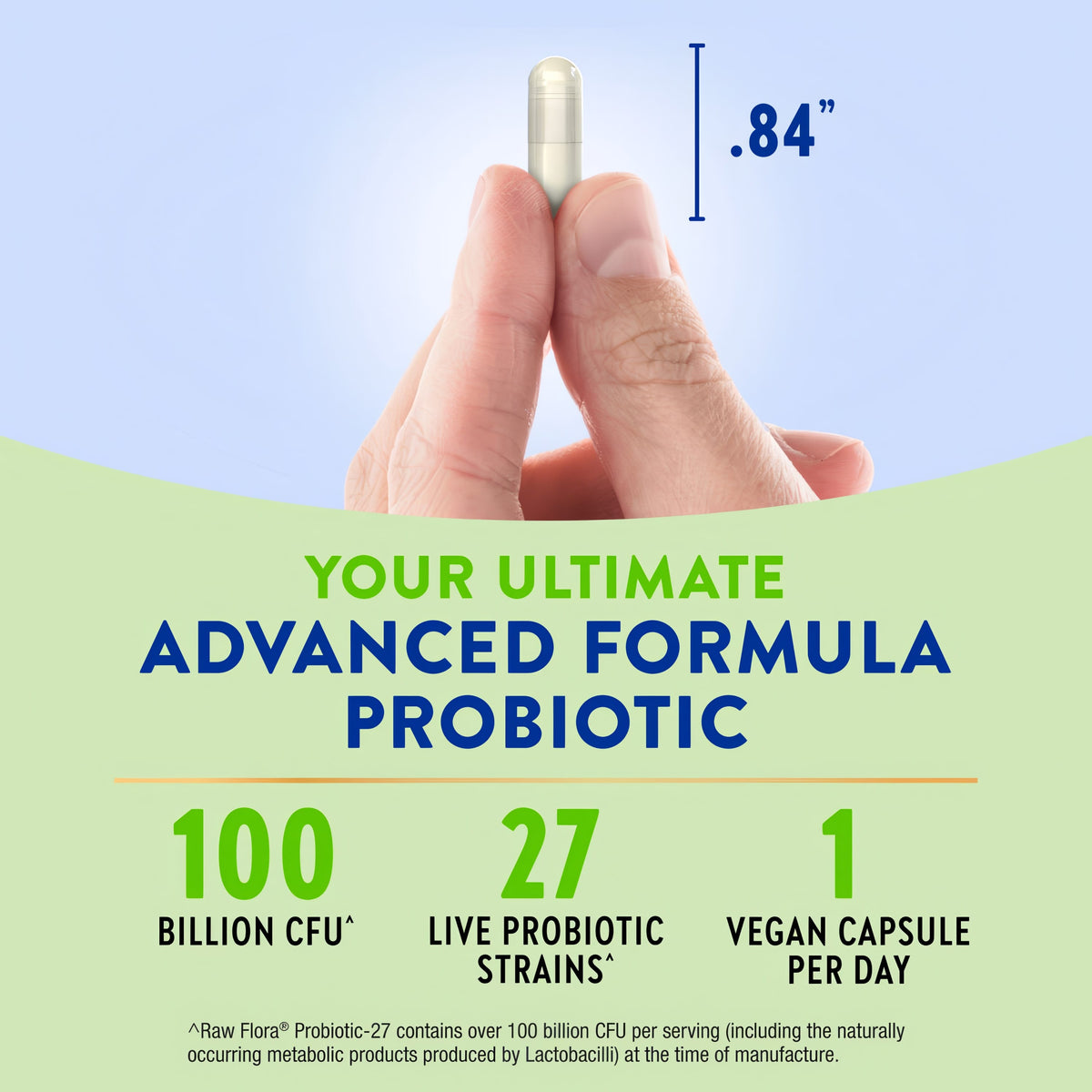 Product highlights graphic stating 100 BILLION CFU^, 27 LIVE PROBIOTIC STRAINS^, 1 VEGAN CAPSULE PER DAY; capsule measures 0.84 inches.