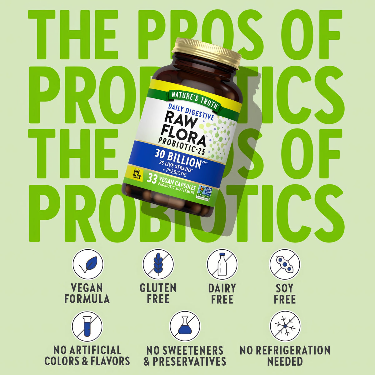 Probiotic bottle with icons indicating vegan, gluten free, dairy free, soy free, no artificial colors or flavors, no refrigeration.