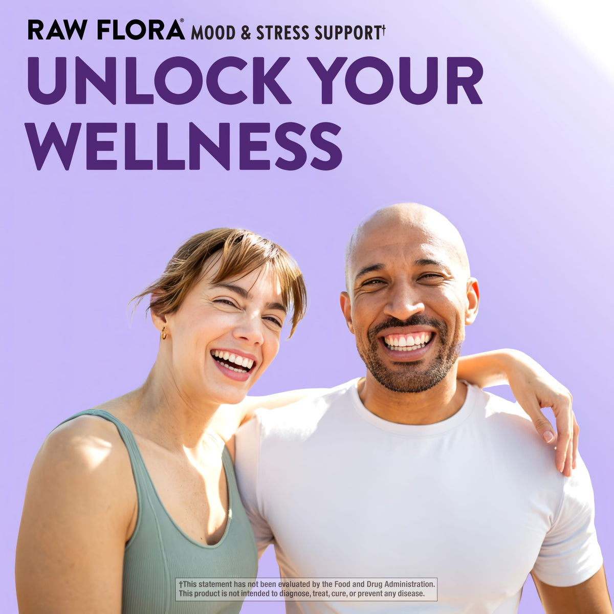 Young man and woman laughing and hugging with 'RAW FLORA MOOD & STRESS SUPPORT' text visible.