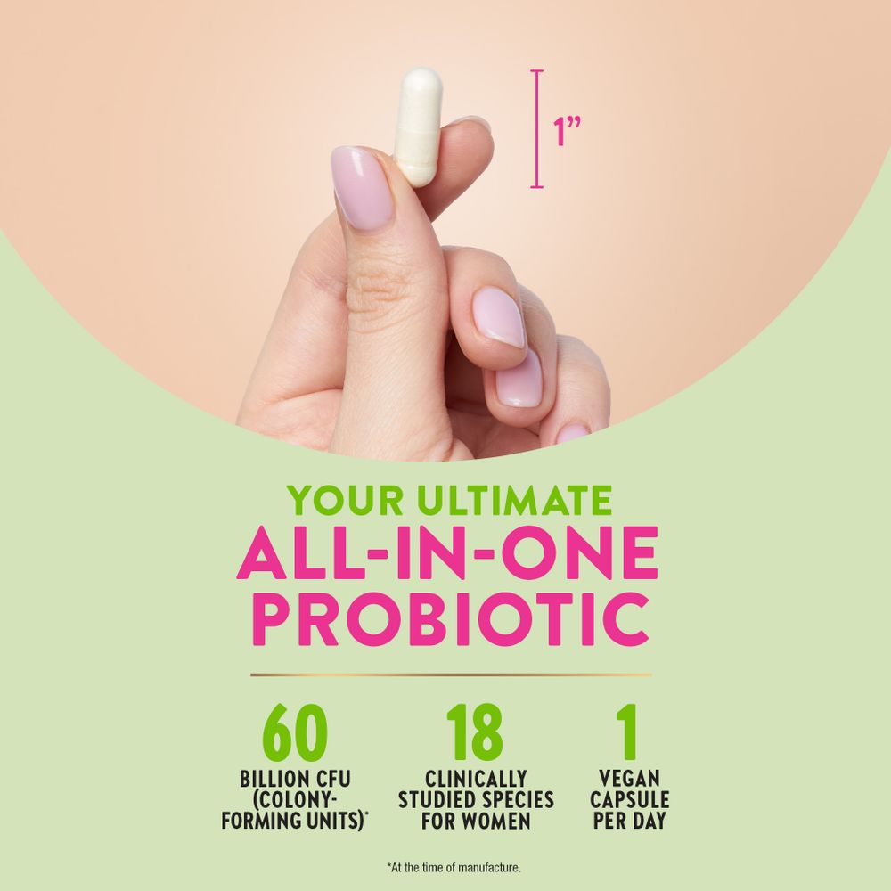 Product highlights graphic stating ALL-IN-ONE PROBIOTIC, 60 BILLION CFU, 18 SPECIES FOR WOMEN, 1 VEGAN CAPSULE DAILY.