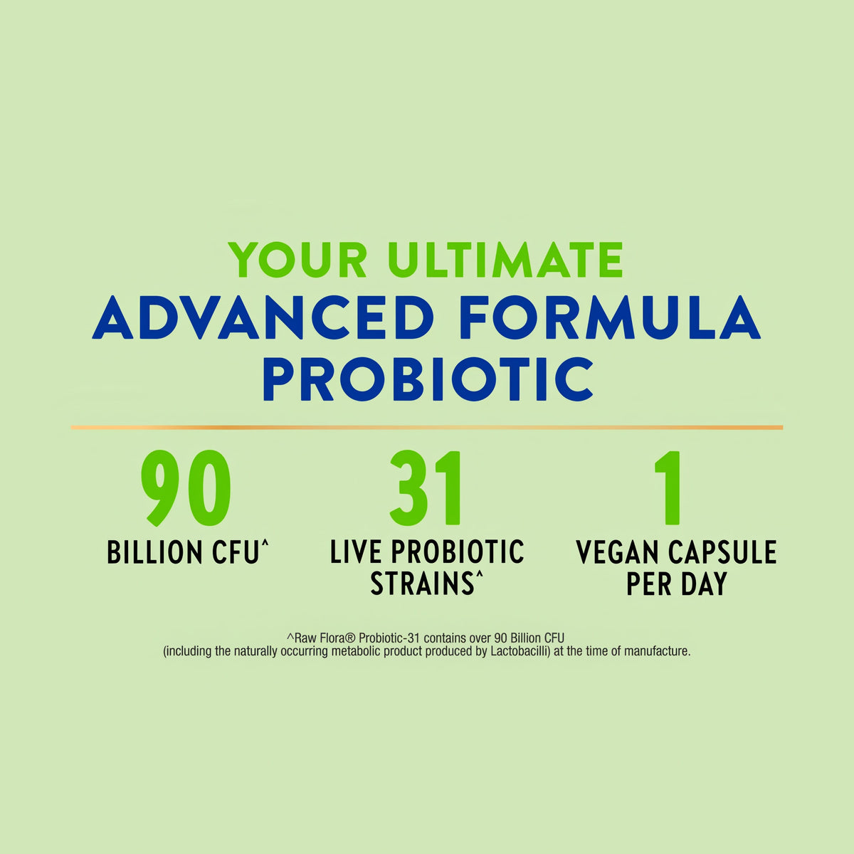 Product highlights graphic stating: Ultimate Advanced Formula Probiotic, 90 Billion CFU^, 31 Live Probiotic Strains^, 1 Vegan Capsule/Day.