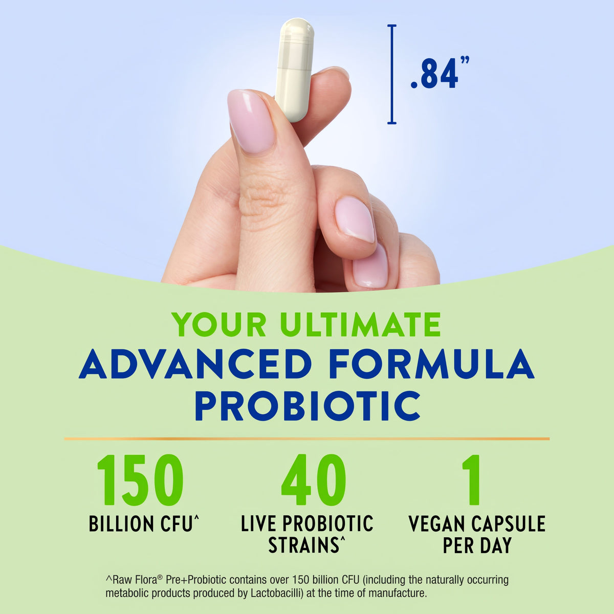 Product highlights graphic stating: white capsule 0.84 inches, 150 BILLION CFU, 40 LIVE PROBIOTIC STRAINS, 1 VEGAN CAPSULE PER DAY.