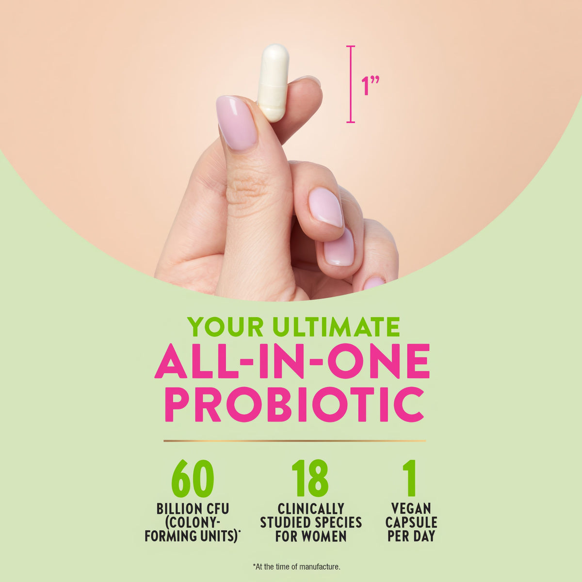 Product highlights graphic stating ALL-IN-ONE PROBIOTIC, 60 BILLION CFU, 18 SPECIES FOR WOMEN, 1 VEGAN CAPSULE DAILY.