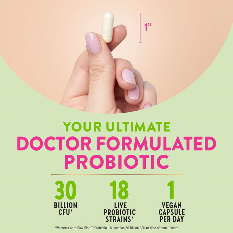 Product highlights graphic stating: 1'' white capsule, 'DOCTOR FORMULATED PROBIOTIC', '30 BILLION CFU*', '18 Strains*', '1 VEGAN CAPSULE PER DAY'.