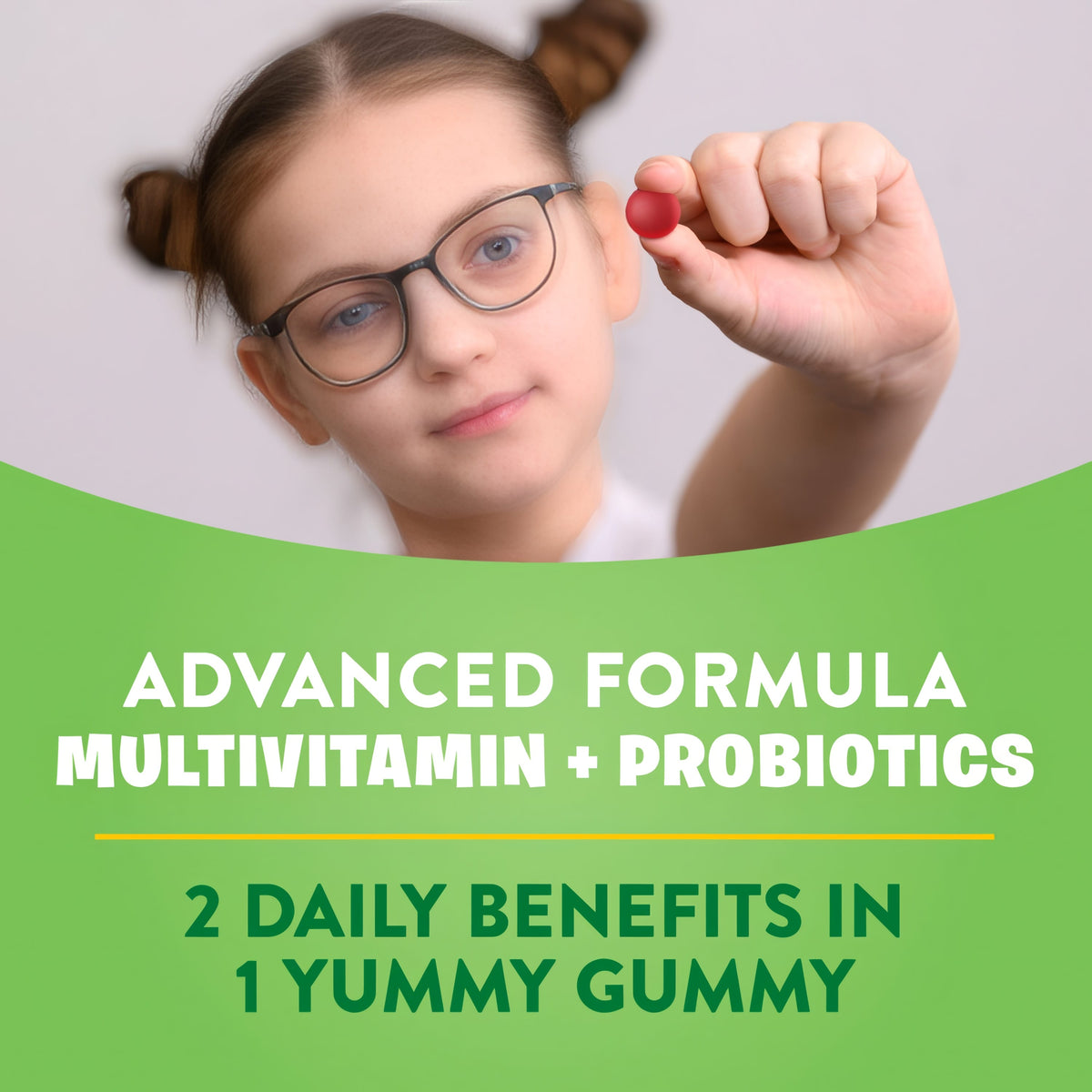 Product highlights graphic stating ADVANCED FORMULA MULTIVITAMIN + PROBIOTICS, 2 DAILY BENEFITS IN 1 YUMMY GUMMY.