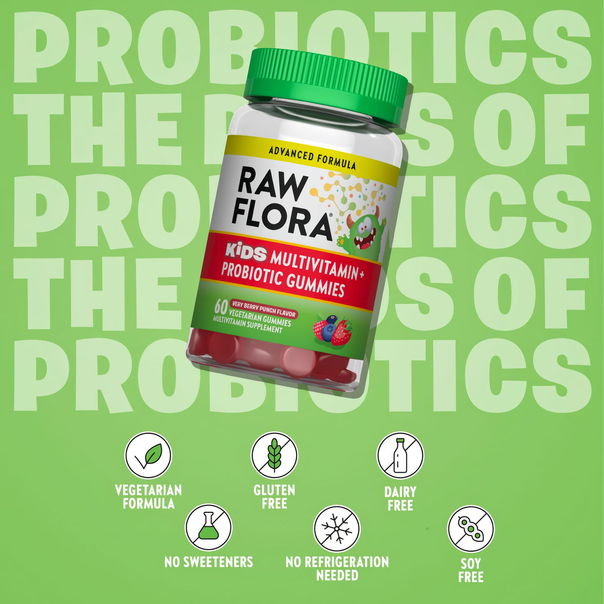 Kids Multi + Probio Gummy bottle with icons indicating vegetarian formula, gluten free, dairy free, no sweeteners, soy free.