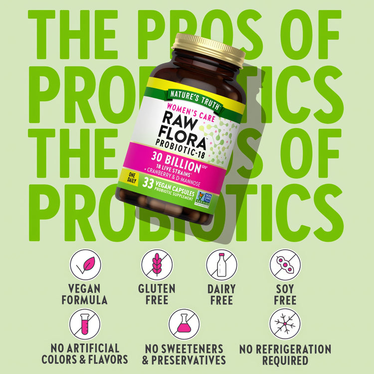 Raw Flora Probiotics for Women | 30 Billion CFU | 33 Capsules | with Cranberry and D-Mannose | Vegan, Non-GMO & Gluten Free Supplement