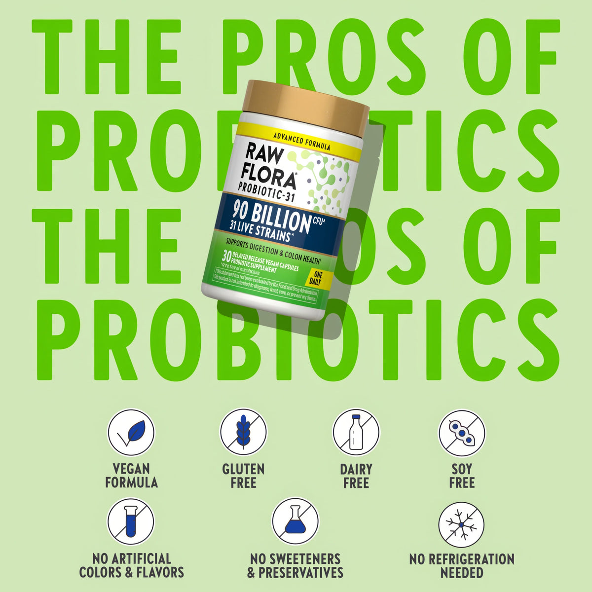 Probiotic bottle with icons indicating Vegan Formula, Gluten Free, Dairy Free, Soy Free, No Artificial Additives, No Refrigeration.