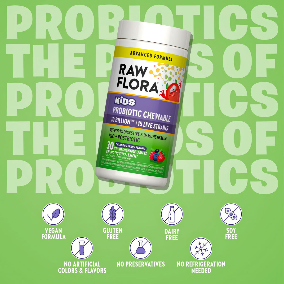 Kids Probiotic bottle with icons indicating vegan, gluten free, dairy free, soy free, no artificial colors, flavors, or preservatives.