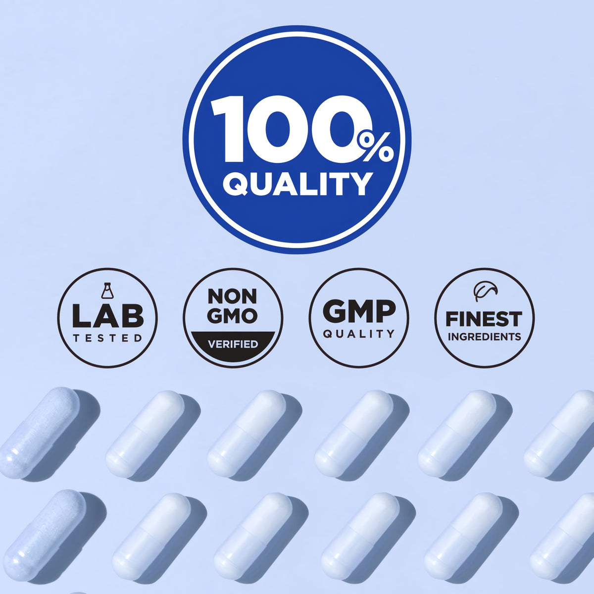 Infographic highlighting attributes: 100% quality, lab tested, non-GMO verified, GMP quality, finest ingredients.