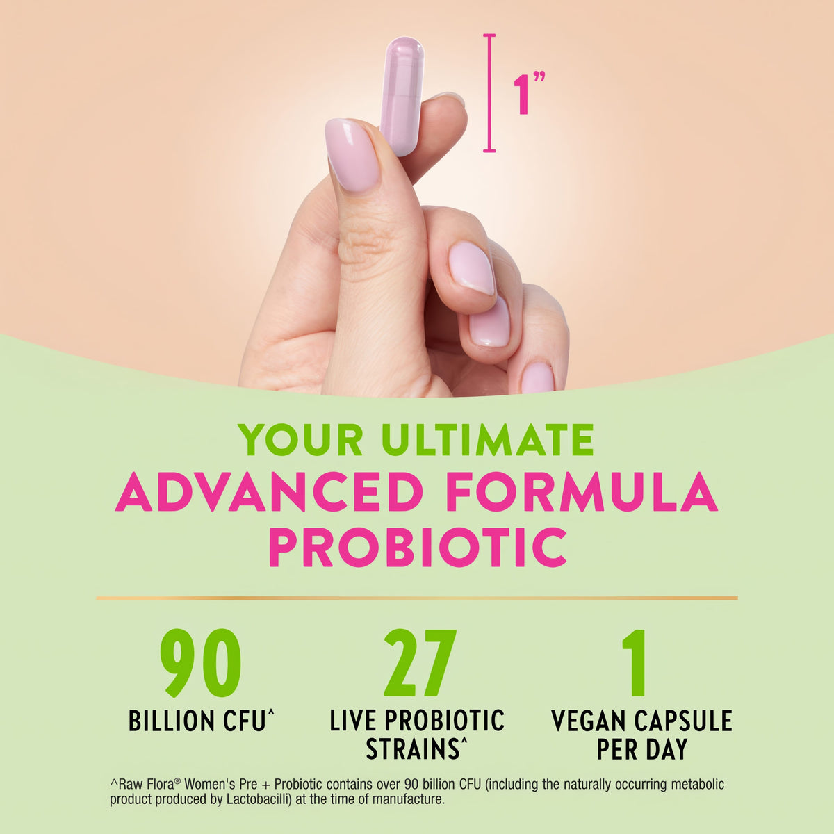 Product highlights graphic stating Advanced Women's Probiotic, 90B CFU, 27 live strains, 1 vegan 1-inch capsule daily, shown in hand.