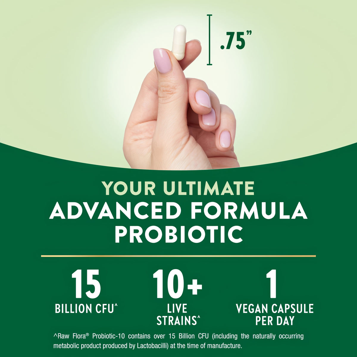 White probiotic capsule, .75 inches. Probiotic with 15 Billion CFU, 10+ Live Strains, 1 Vegan Capsule Per Day.