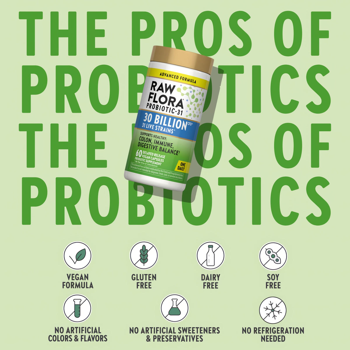 Probiotic bottle with icons indicating Vegan, Gluten-Free, Dairy-Free, Soy-Free, No Artificial Additives, No Refrigeration Needed.