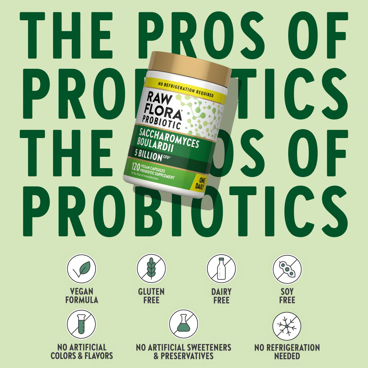 Raw Flora Saccharomyces Boulardii Probiotics Supplement | 250 mg | 120 Capsules | 5 Billion CFU | Vegan & Gluten Free