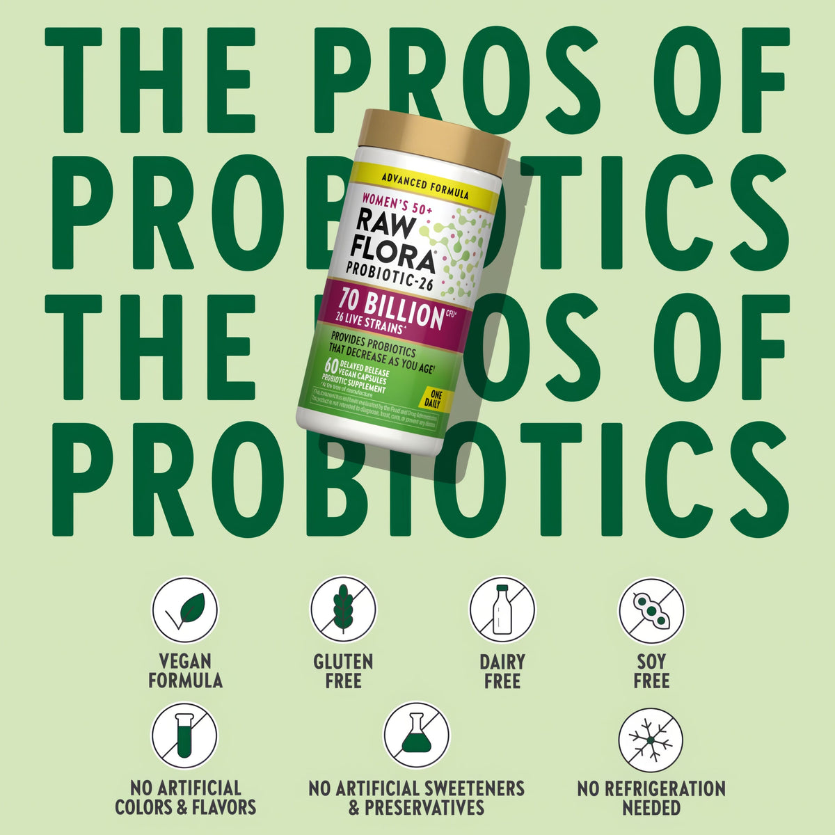 Product bottle with icons indicating vegan formula, gluten/dairy/soy free, no artificial additives, no refrigeration needed.