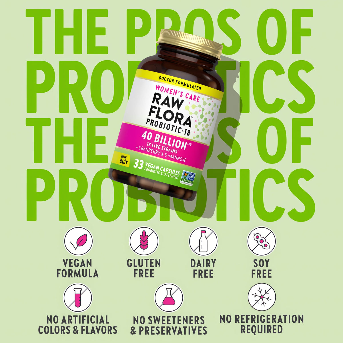 Raw Flora bottle with icons indicating vegan, gluten free, dairy free, soy free, no artificial colors or flavors, no refrigeration.