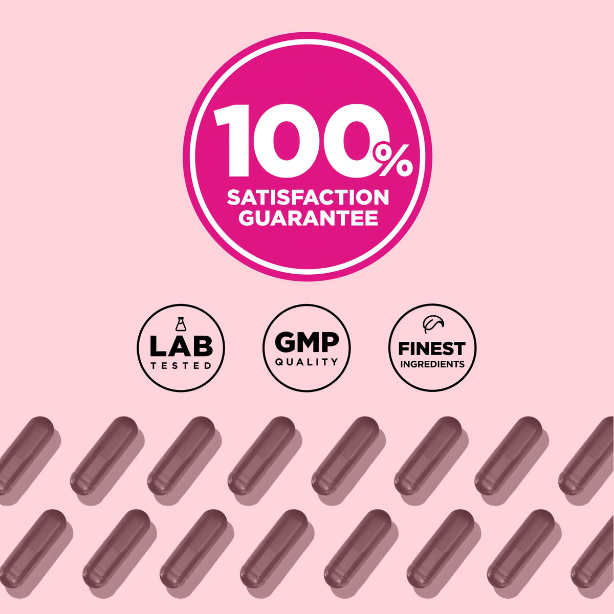 Infographic showing 100% satisfaction guarantee, lab tested, GMP quality, and finest ingredients.