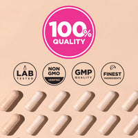 Infographic showing 100% quality, lab tested, non-GMO verified, GMP certified, and finest ingredients.