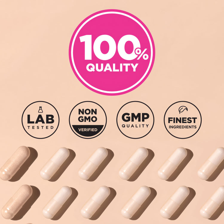 Infographic showing 100% quality, lab tested, non-GMO verified, GMP certified, and finest ingredients.