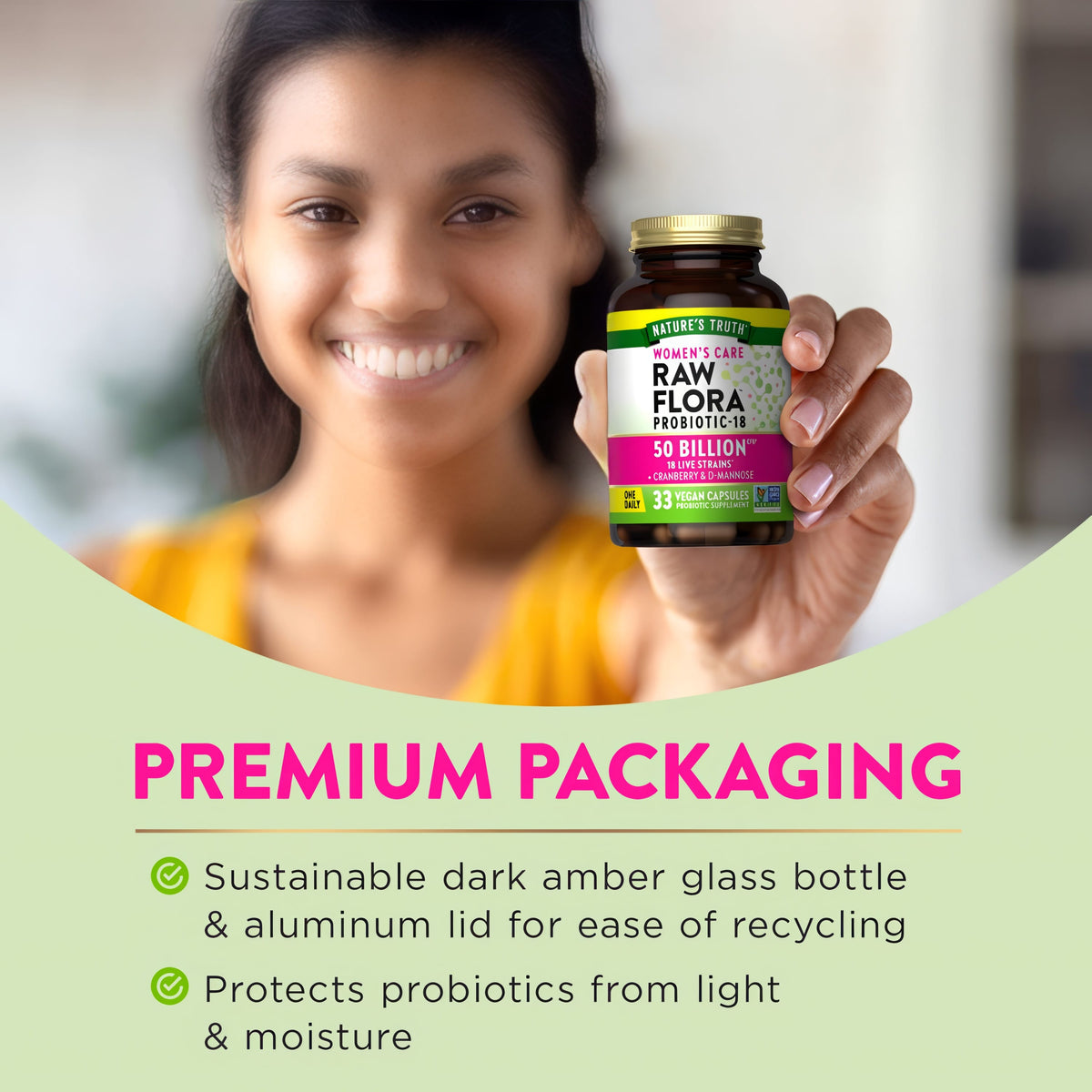 Product highlights graphic stating Amber glass bottle and aluminum lid, recyclable, protects probiotics from light and moisture.