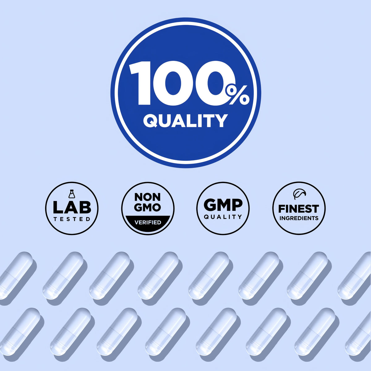 Infographic stating 100% quality, lab tested, non-GMO verified, GMP quality, and finest ingredients.