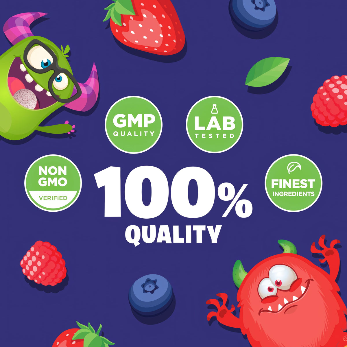 Infographic stating 100% QUALITY with badges for GMP quality, lab tested, non-GMO verified, and finest ingredients.