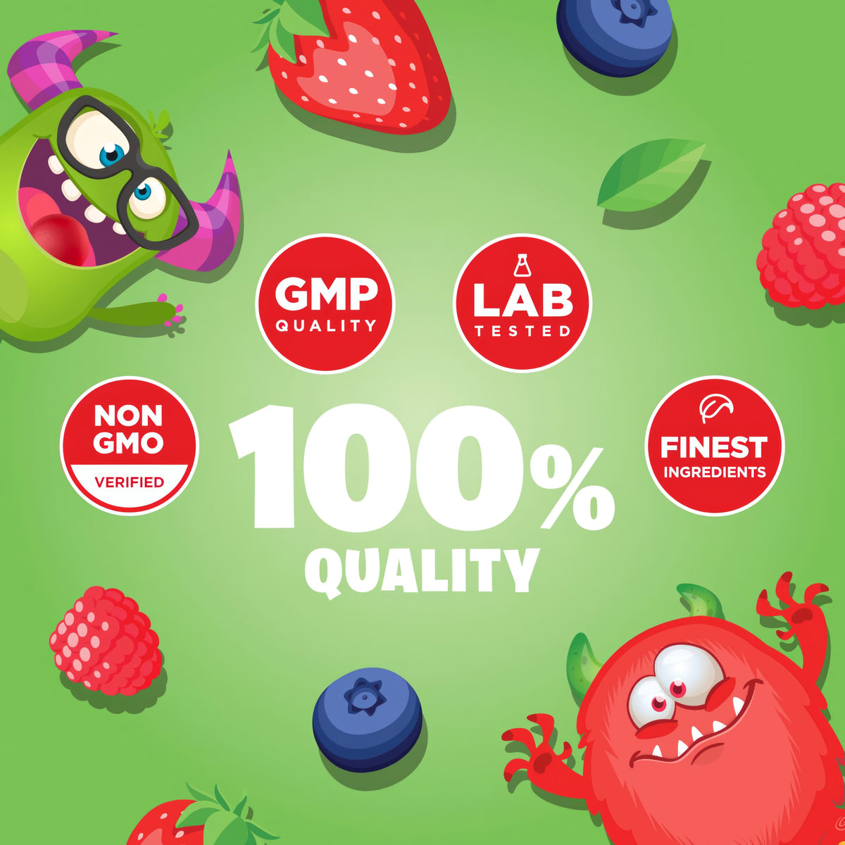 Infographic showing 100% Quality with badges: Non GMO Verified, GMP Quality, Lab Tested, Finest Ingredients.