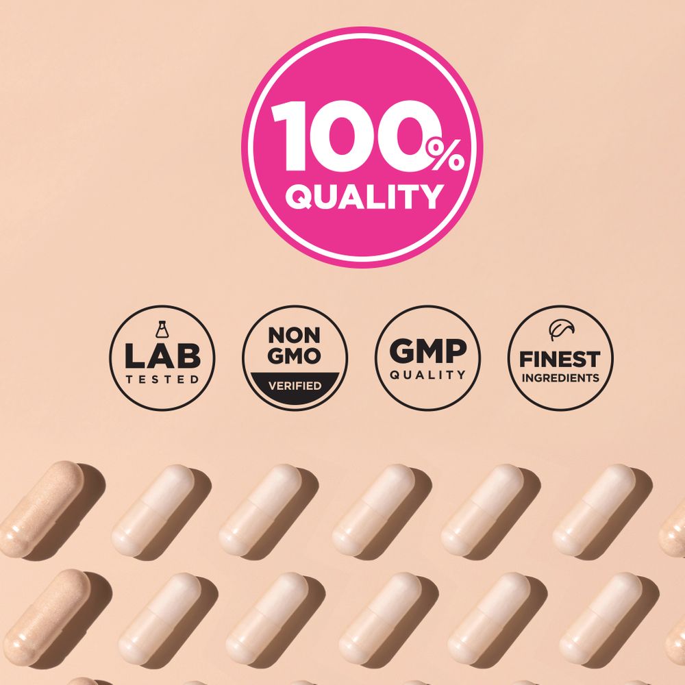 Infographic showing 100% quality, lab tested, non-GMO verified, GMP quality, and finest ingredients.