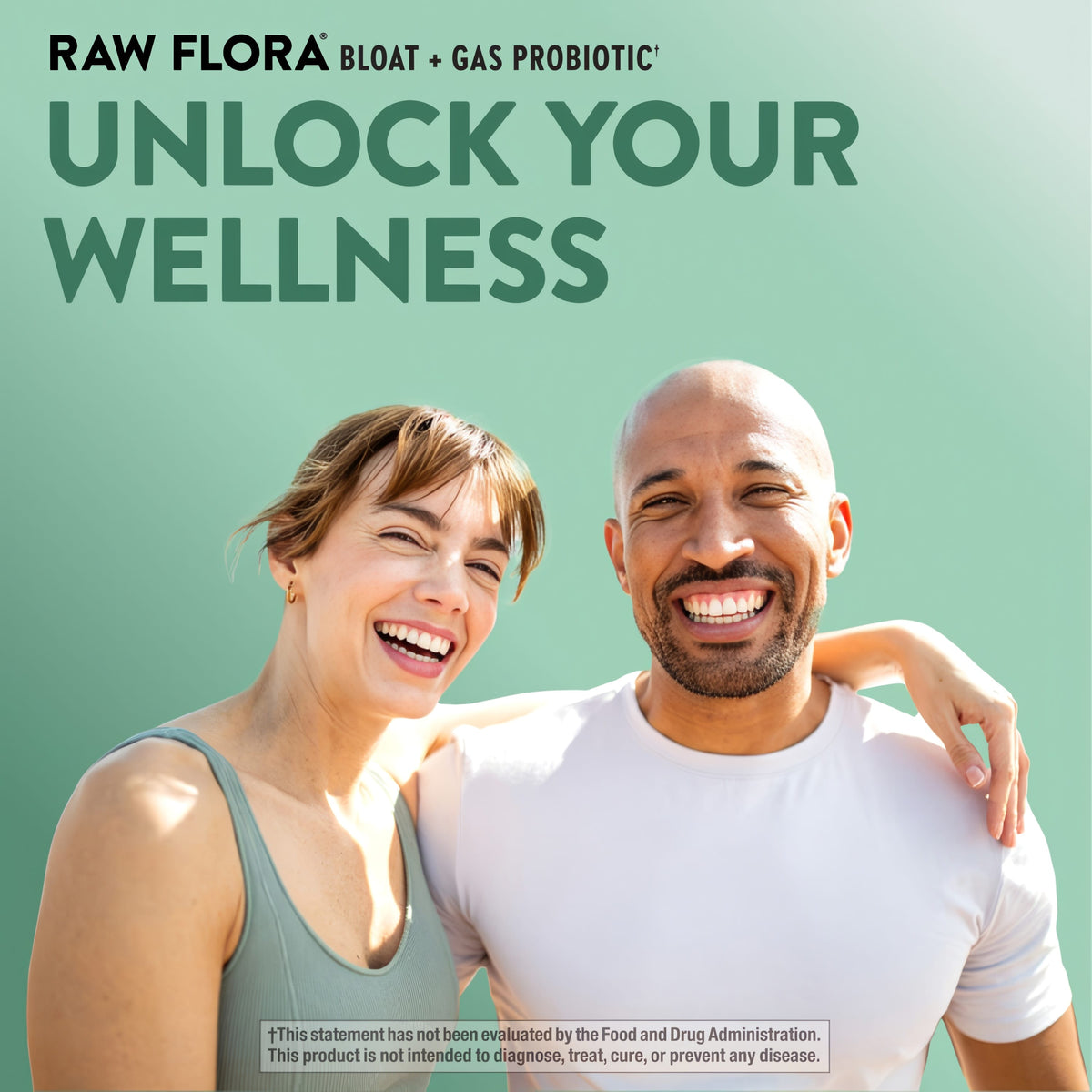 A smiling man and woman laughing with a graphic that says 'RAW FLORA BLOAT + GAS PROBIOTIC' and 'UNLOCK YOUR WELLNESS'.