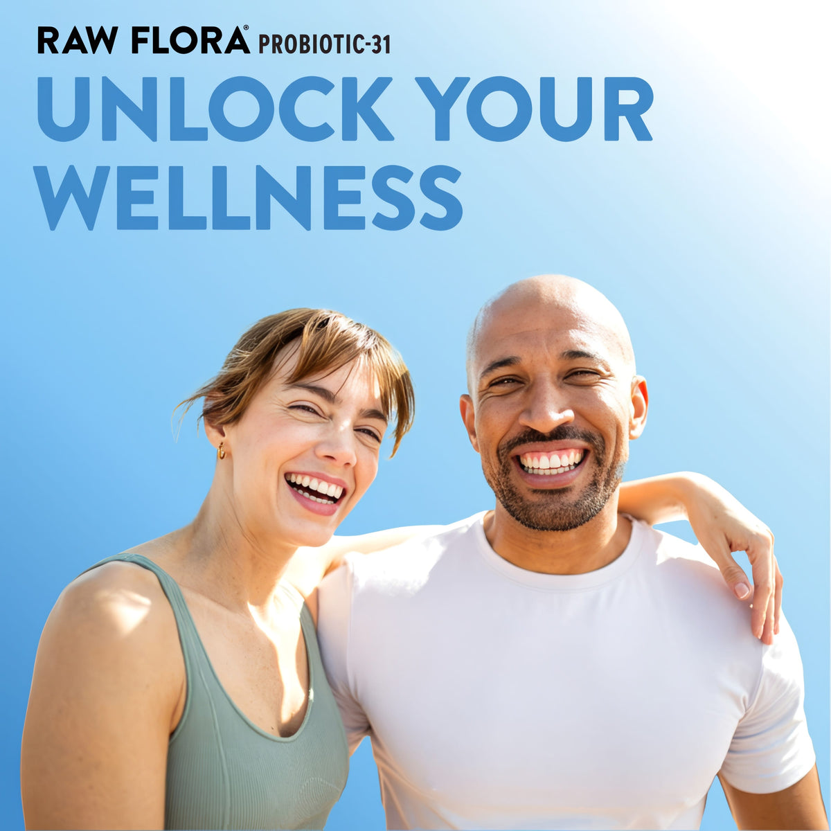 A man and a woman laughing outdoors with their arms around each other, featuring overlay text for Raw Flora Probiotic-31.