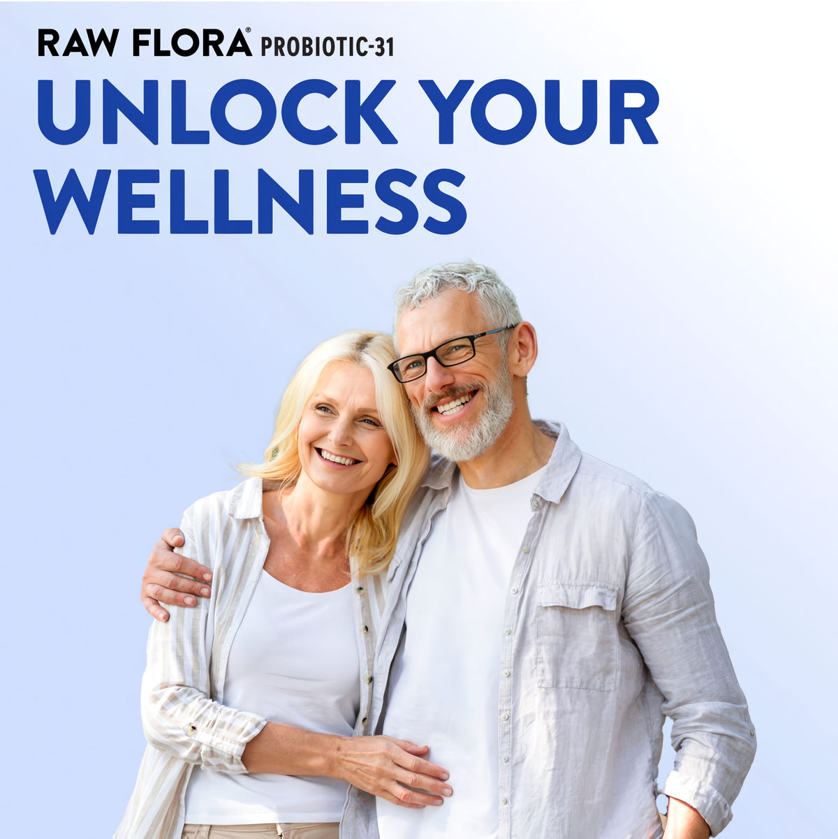 An older couple smiling and embracing with the text 'RAW FLORA PROBIOTIC-31' overlayed.